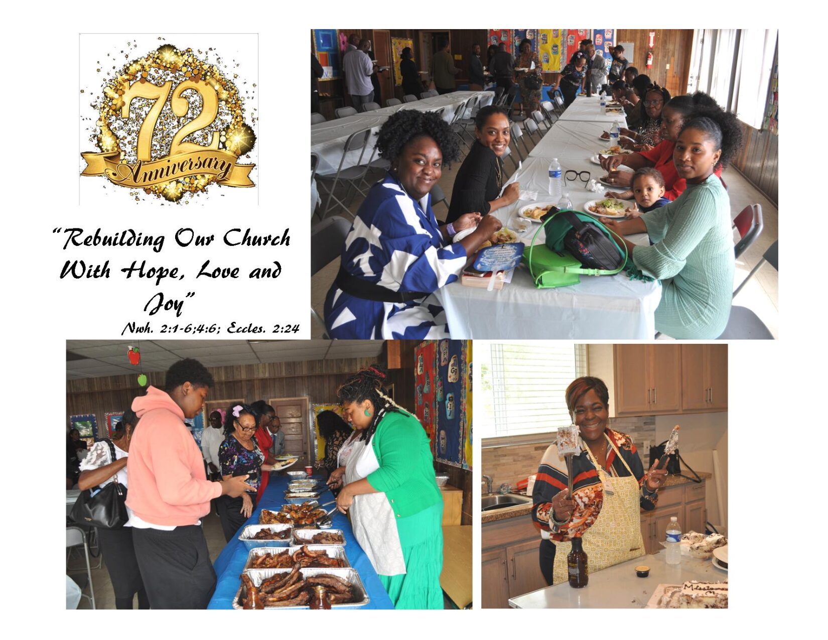 A collage of people serving food at an event.