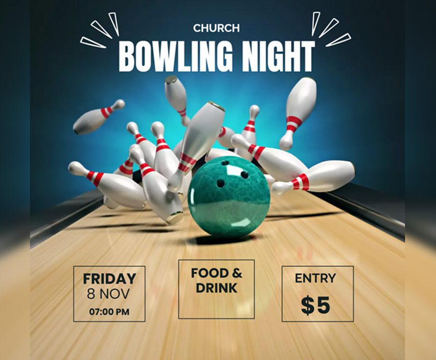 A bowling night flyer with a green ball and pins.